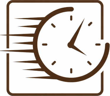 Stylized brown clock with motion lines indicating speed or fast time.