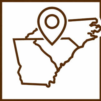 Outline of the states Georgia, South Carolina, and North Carolina with a location pin over northern Georgia and western South Carolina.