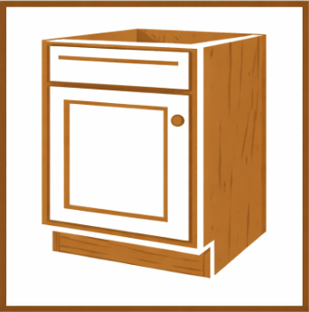 Illustration of a wooden kitchen cabinet with a drawer and a door, outlined in white and brown.