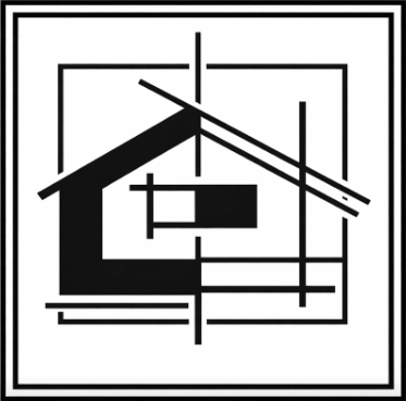 Black and white abstract geometric logo featuring overlapping house shape and intersecting lines inside a double square border.