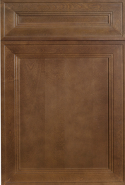Close-up of a beige cabinet door with a rectangular panel and trim detailing.