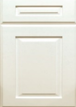 Close-up of a beige cabinet door with a rectangular panel and trim detailing.