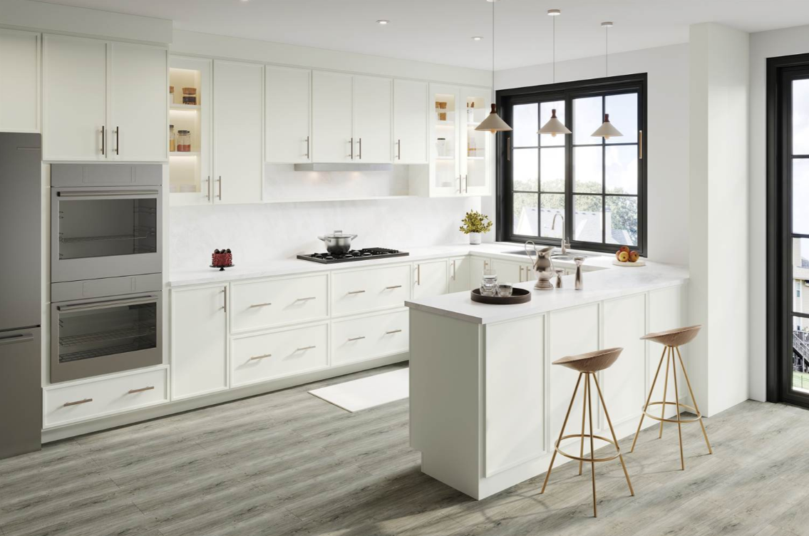 Modern kitchen with dark wood cabinetry, white quartz countertops, a central island with gold faucet, and a chandelier with multiple lampshades.