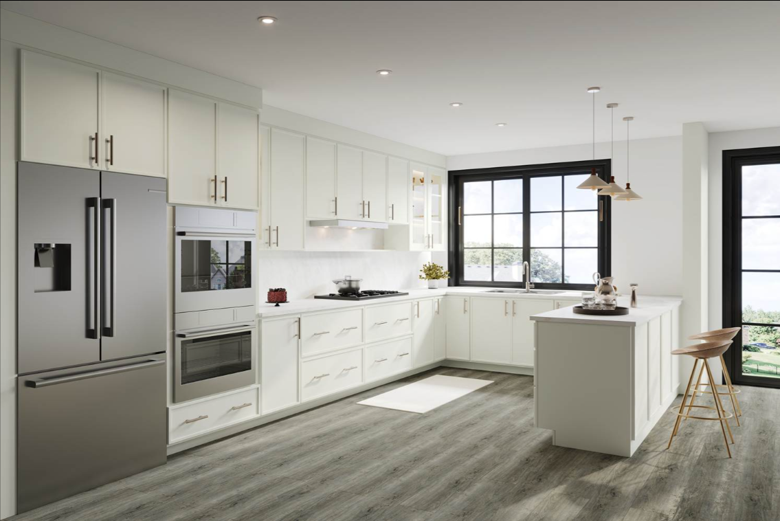 Modern kitchen with dark wood cabinets, white countertops, stainless steel double ovens, gas stove, and a large island with a sink and gold fixtures.