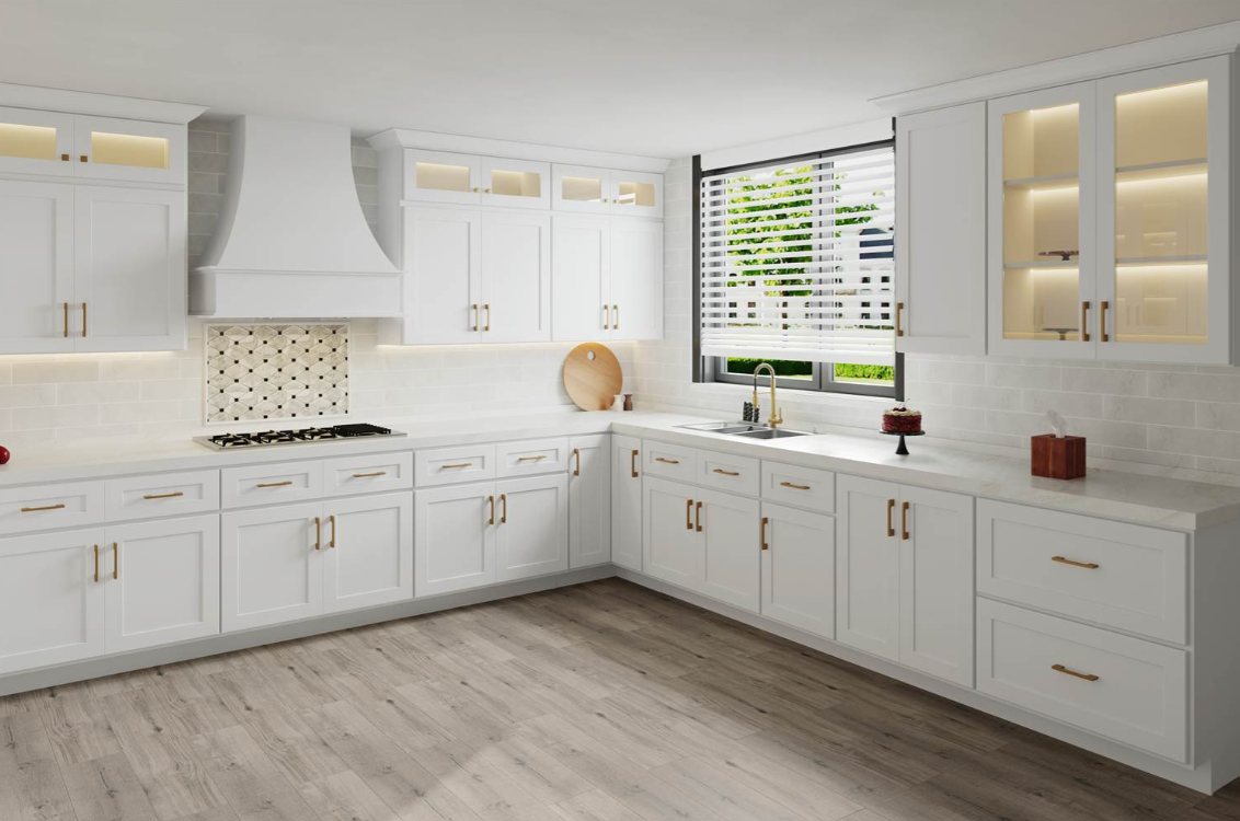 Modern wet bar with white cabinets, granite countertop, mosaic tile backsplash, upper glass shelves with liquor bottles, hanging wine glasses, small sink, wine fridge, and a window with black frame.