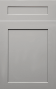 Grey door with two raised rectangular panels, one small horizontal near the top and one large vertical below it.