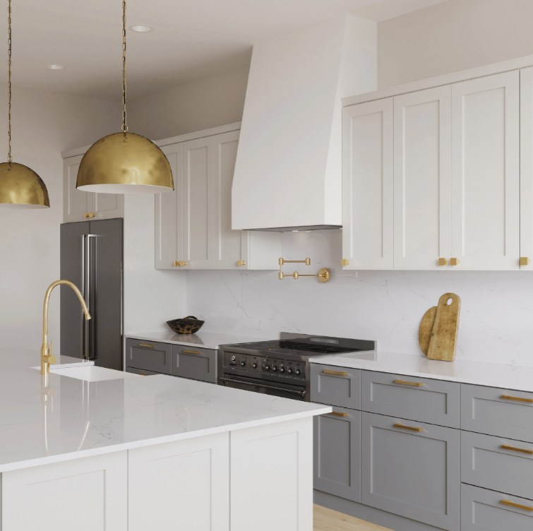 Modern kitchen with white cabinetry, stainless steel appliances, a large marble island with three black chairs, and pendant lights.