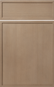 Grey door with two raised rectangular panels, one small horizontal near the top and one large vertical below it.
