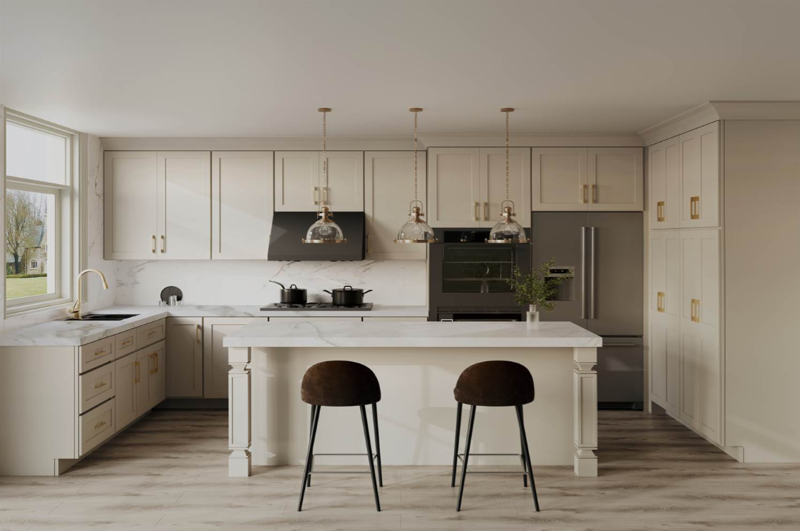 Gray kitchen cabinetry with a built-in wine rack holding three bottles and four hanging wine glasses above a stainless steel faucet and white countertop.