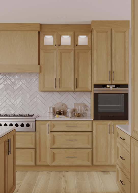 Modern kitchen with dark wood cabinets, marble countertop island with sink, stainless steel appliances, and hanging pendant lights.