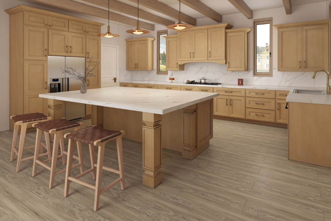 Modern kitchen with dark wood cabinets, stainless steel refrigerator, oven, and hood, a large marble countertop island with hanging pendant lights.