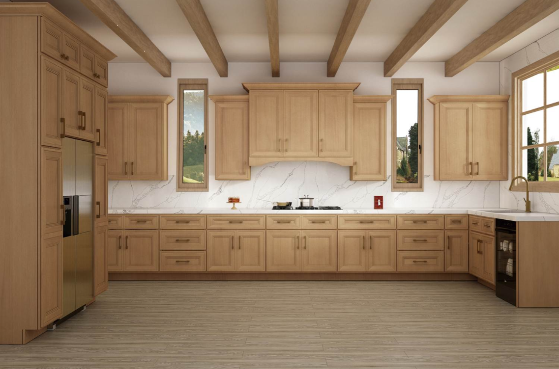 Gray kitchen cabinetry with a built-in wine rack holding three bottles and four hanging wine glasses above a stainless steel faucet and white countertop.