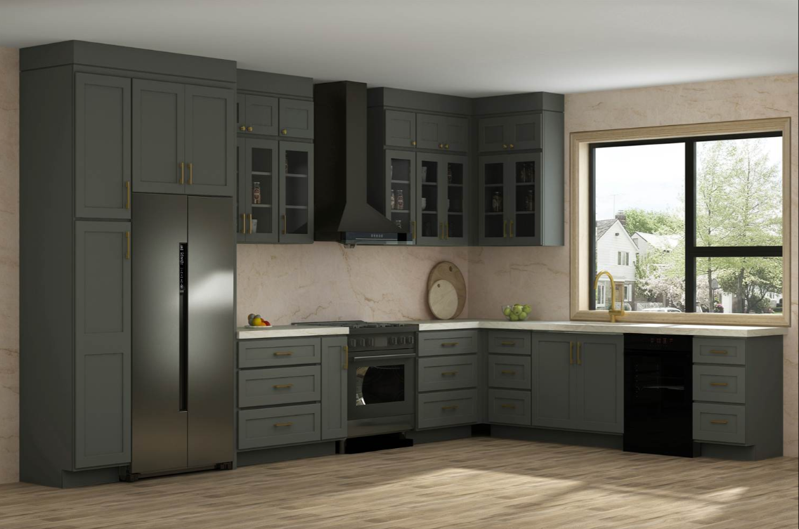 Gray kitchen cabinetry with a built-in wine rack holding three bottles and four hanging wine glasses above a stainless steel faucet and white countertop.