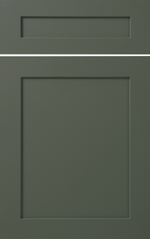 Grey door with two raised rectangular panels, one small horizontal near the top and one large vertical below it.