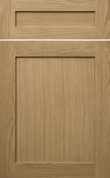 Grey door with two raised rectangular panels, one small horizontal near the top and one large vertical below it.