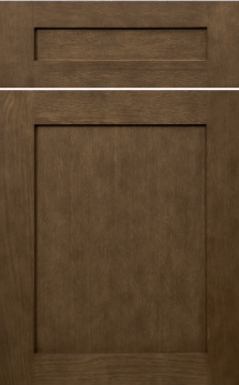 Grey door with two raised rectangular panels, one small horizontal near the top and one large vertical below it.