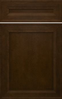 Grey door with two raised rectangular panels, one small horizontal near the top and one large vertical below it.