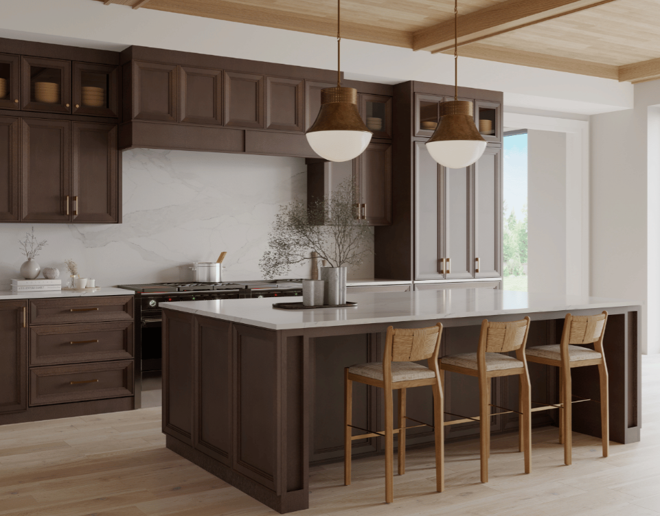 Gray kitchen cabinetry with a built-in wine rack holding three bottles and four hanging wine glasses above a stainless steel faucet and white countertop.