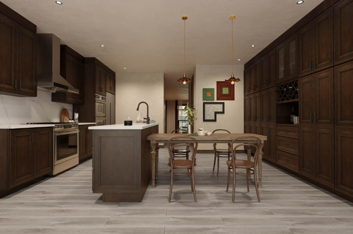 Modern kitchen with stainless steel refrigerator, dark wooden cabinets, marble countertops, and a colorful rug on tiled floor.