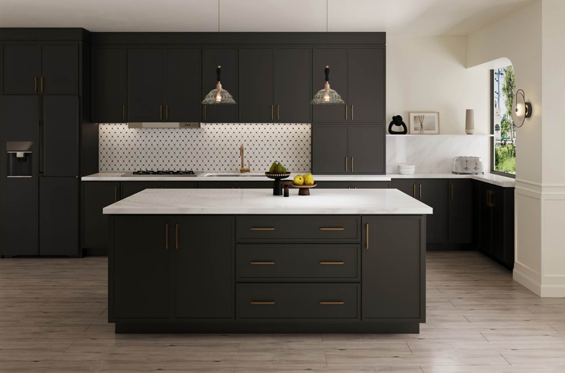 Gray kitchen cabinetry with a built-in wine rack holding three bottles and four hanging wine glasses above a stainless steel faucet and white countertop.