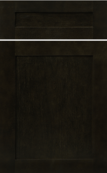 Grey door with two raised rectangular panels, one small horizontal near the top and one large vertical below it.