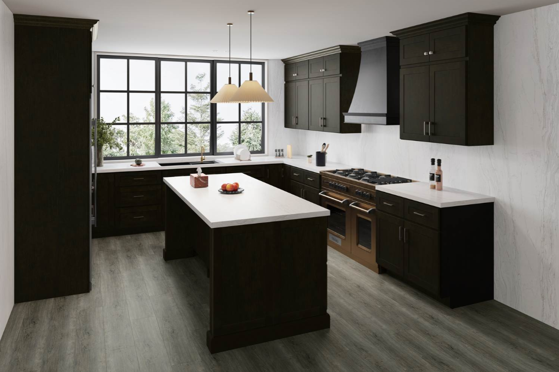 Gray kitchen cabinetry with a built-in wine rack holding three bottles and four hanging wine glasses above a stainless steel faucet and white countertop.