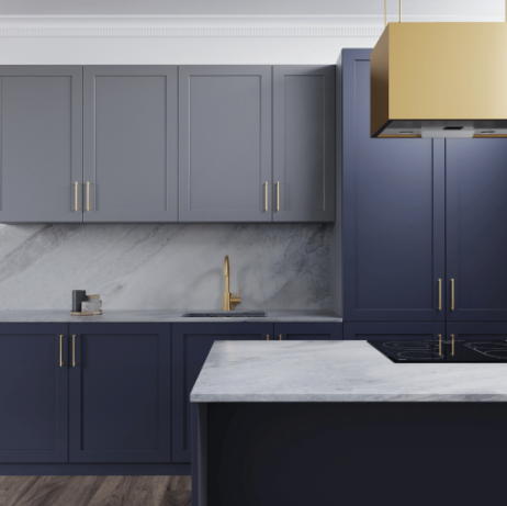 Modern kitchen cabinetry with a wine rack holding three bottles and a hanging rack with five wine glasses above a stainless steel faucet and sink.