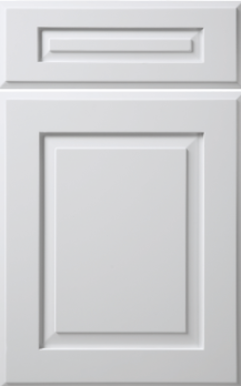 Grey door with two raised rectangular panels, one small horizontal near the top and one large vertical below it.