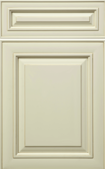 Grey door with two raised rectangular panels, one small horizontal near the top and one large vertical below it.