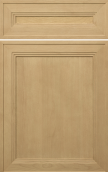 Grey door with two raised rectangular panels, one small horizontal near the top and one large vertical below it.