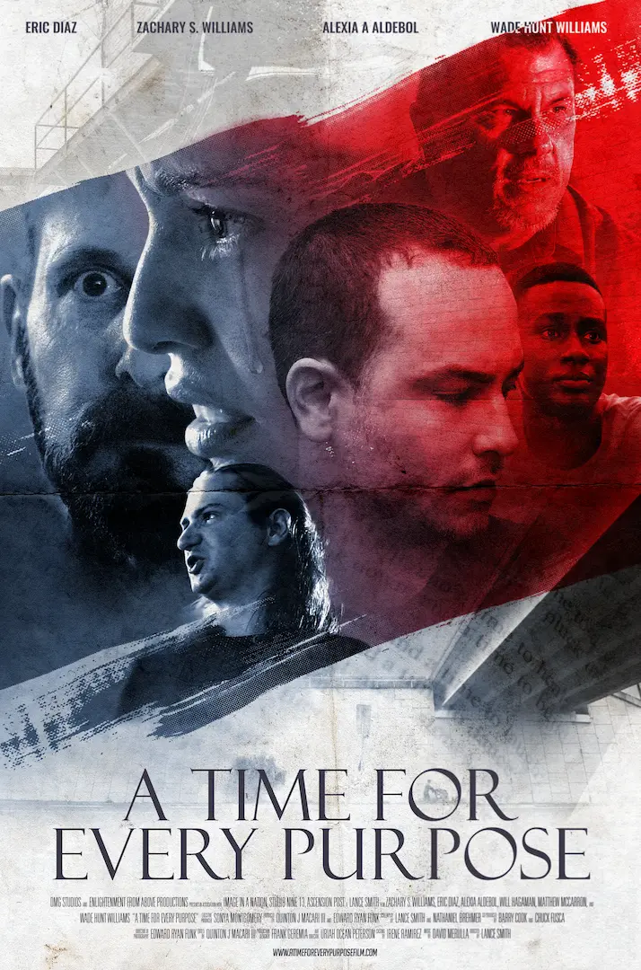 Movie poster for 'A Time for Every Purpose' featuring six serious faces layered with red and blue color overlays.