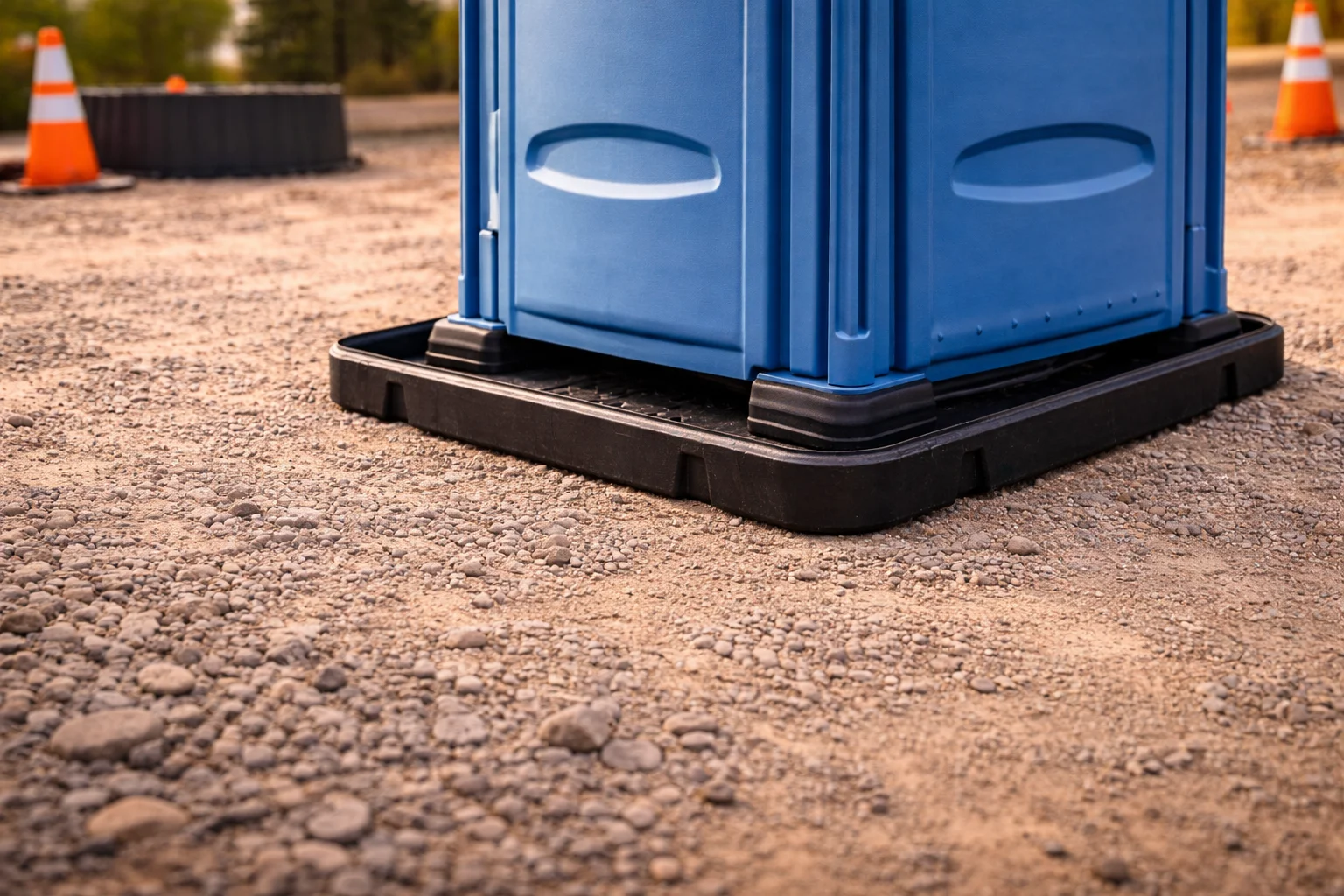 Portable toilet on containment tray at job site