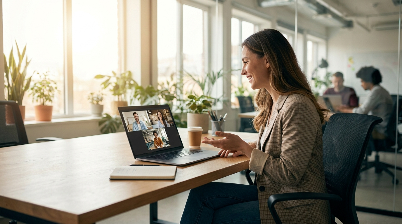 Marketing professional collaborating with a remote team on a video call