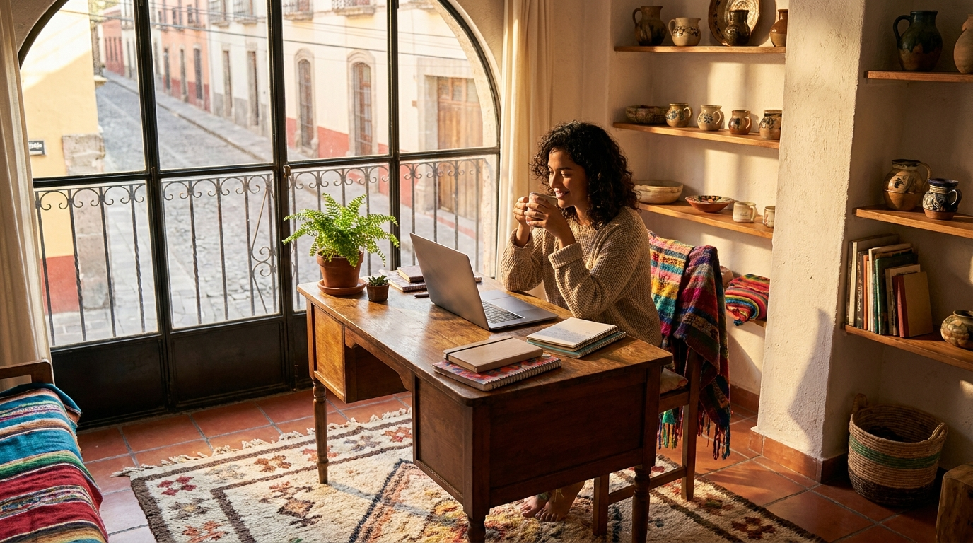 Latin American professional working remotely from a home office