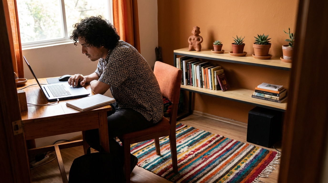Latin American marketing specialist working remotely from a home desk