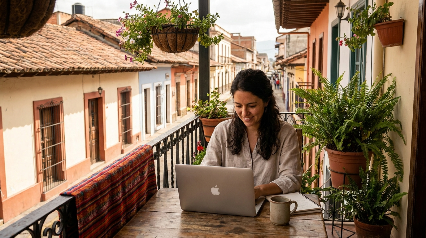 Latin American marketing professional working remotely from a sunlit home balcony