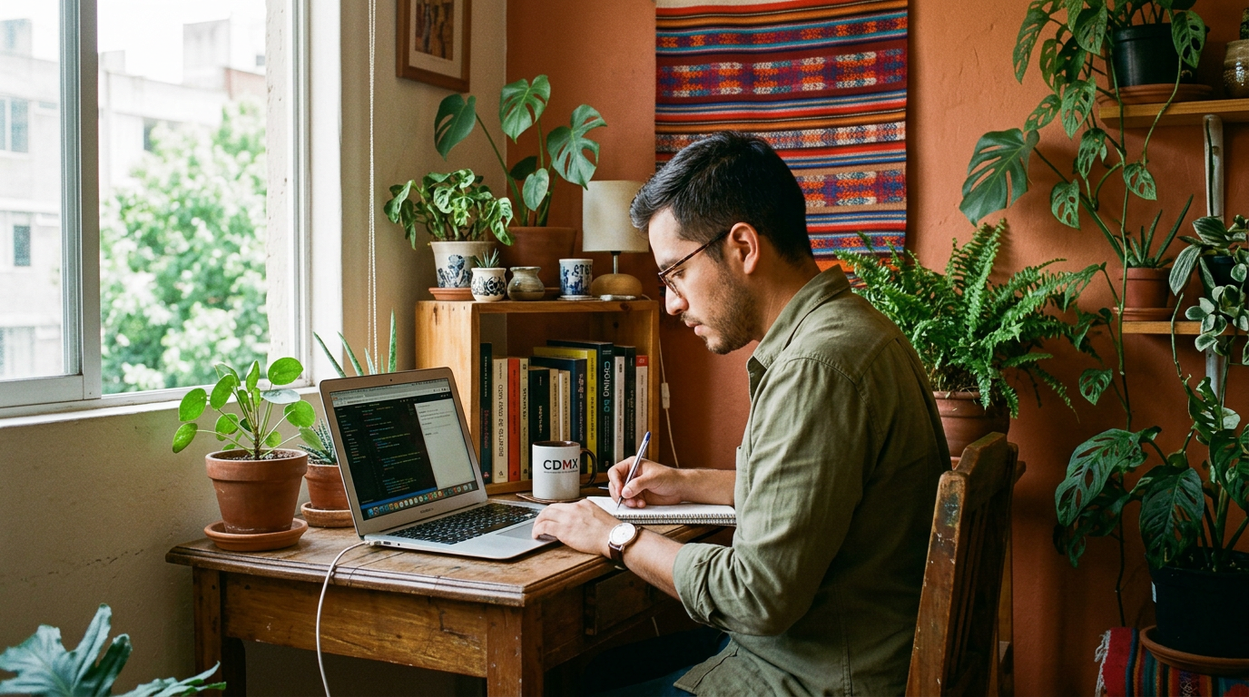 Latin American freelancer working remotely from a plant-filled home office