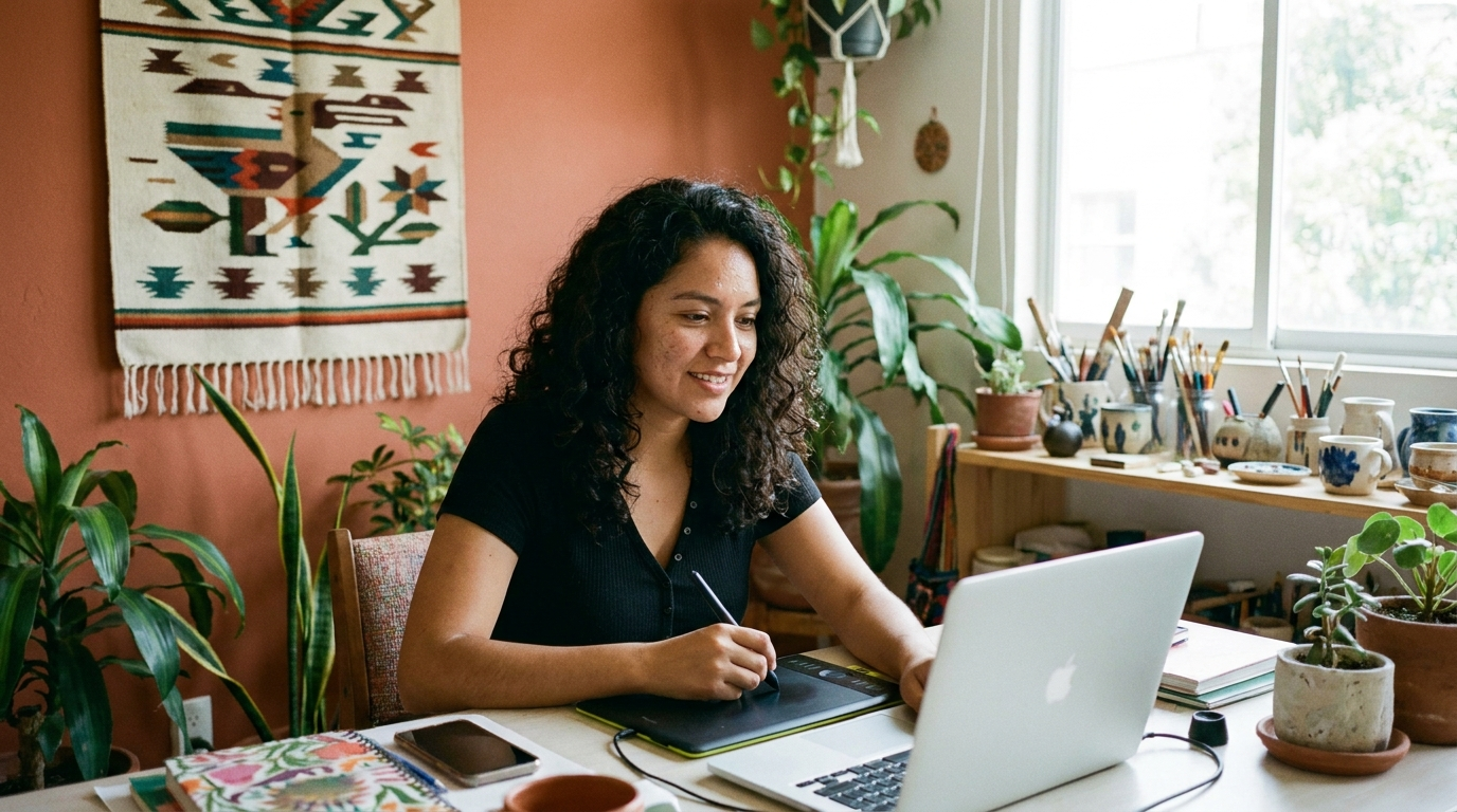 Latin American creative professional working remotely from a home studio