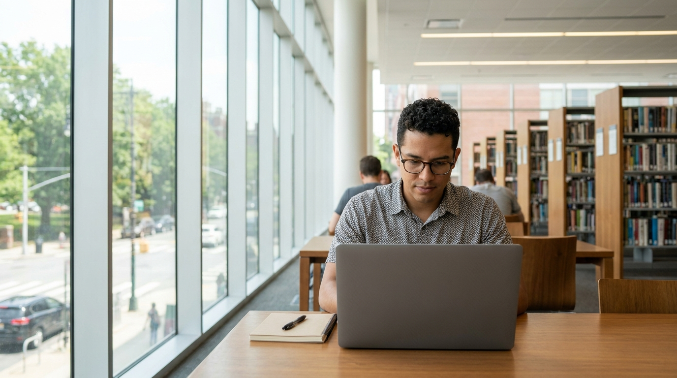 Latin American SEO professional researching in a bright library