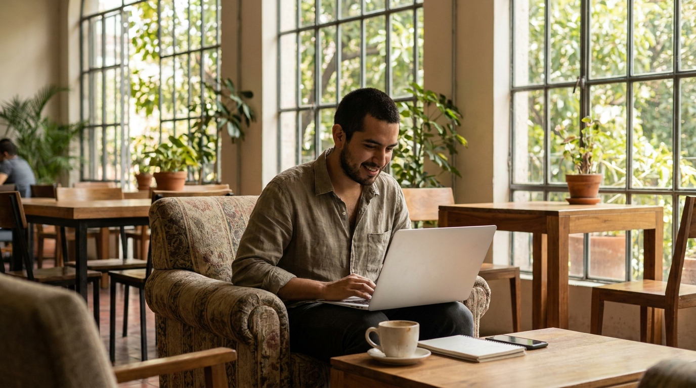 Latin American professional working from a bright co-working lounge