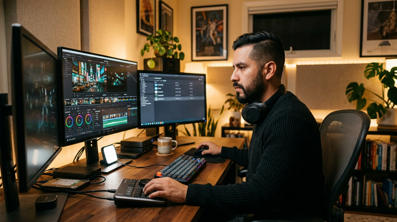 Latin American video editor working at a color-grading monitor in a home studio