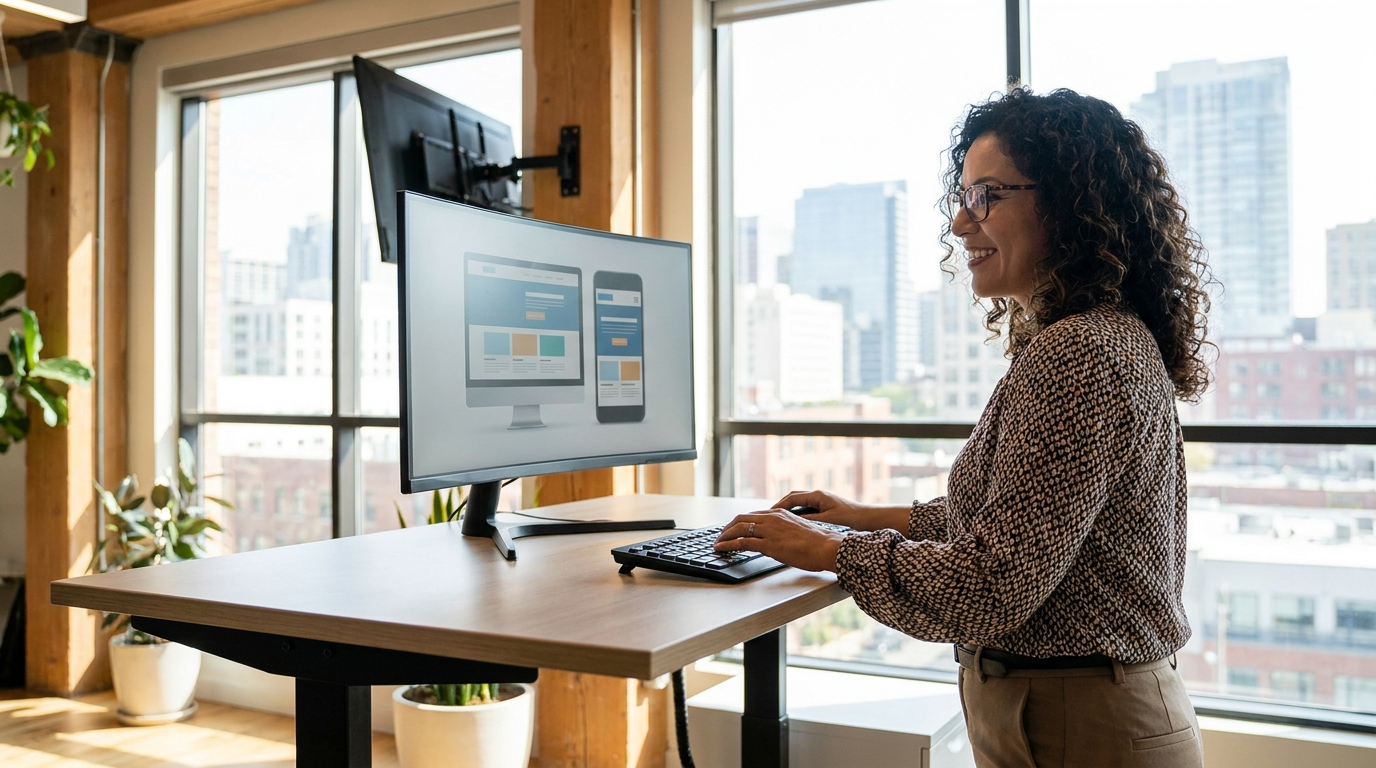 Latin American web designer reviewing a responsive layout at a standing desk