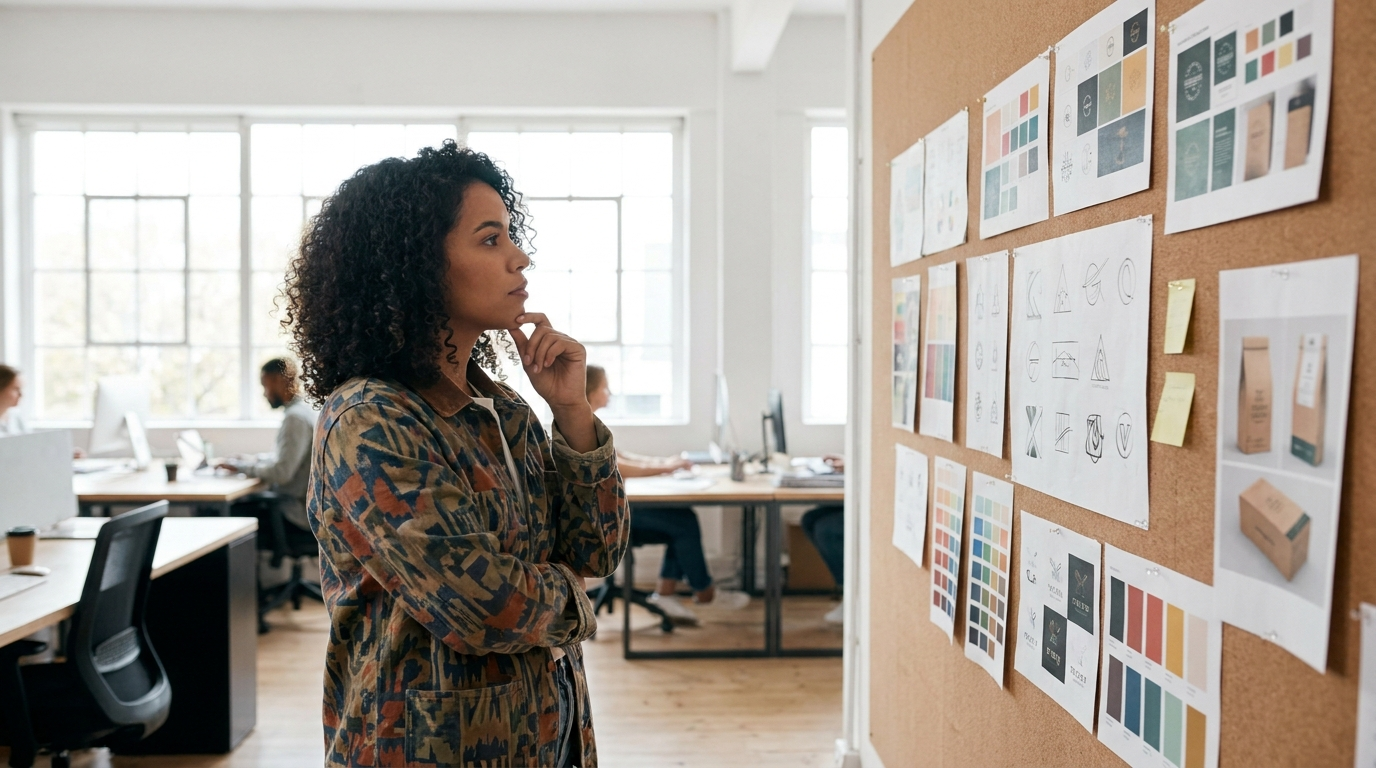 Latin American graphic designer reviewing brand design boards in a studio