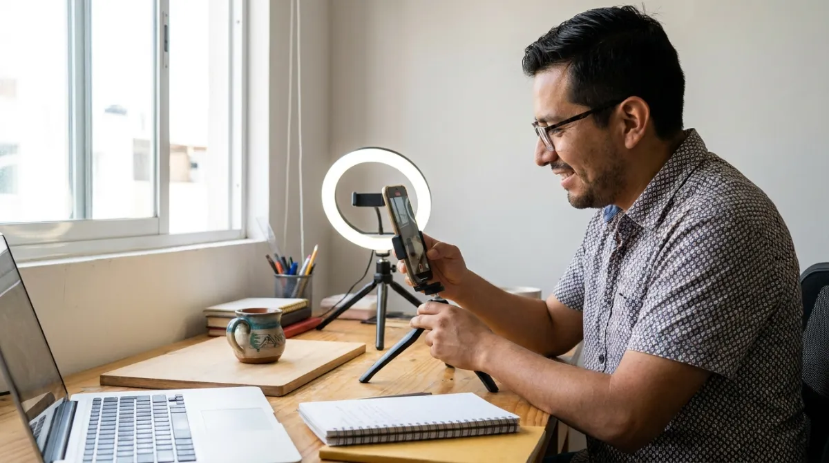 Latin American social media manager filming a short vertical video at a desk
