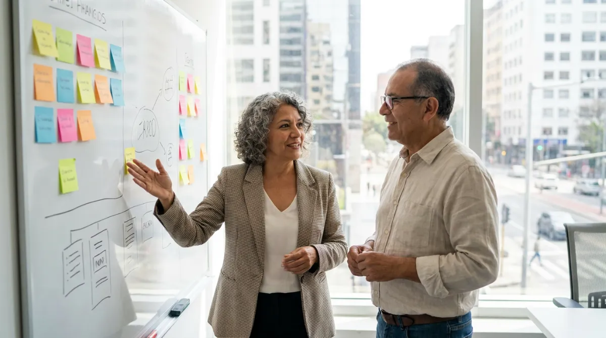 Two Latin American senior marketers reviewing a strategy whiteboard in an office