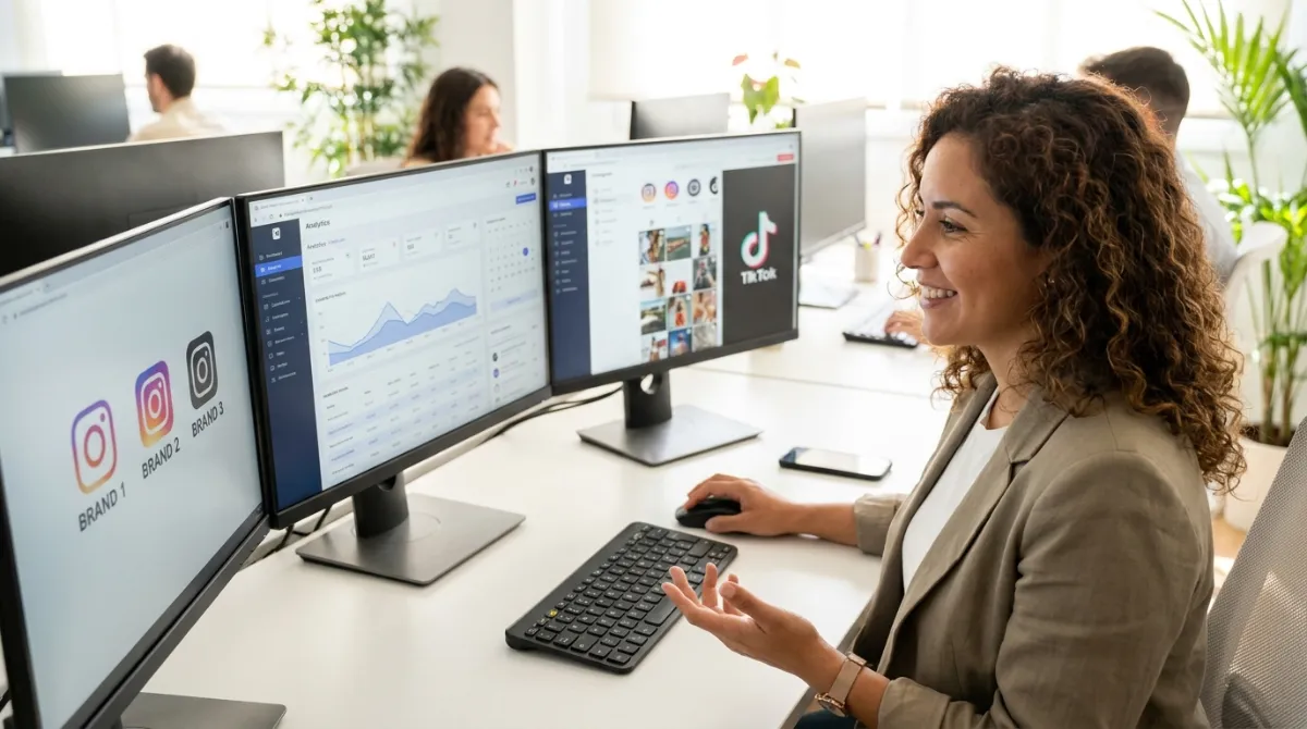Latin American social media strategist managing multiple brand accounts on a dashboard