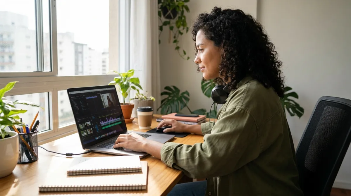 Latin American video editor reviewing a timeline on a laptop by a window