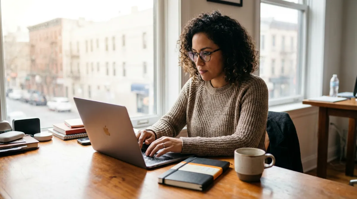 Latin American content writer typing on a laptop at a desk by a window
