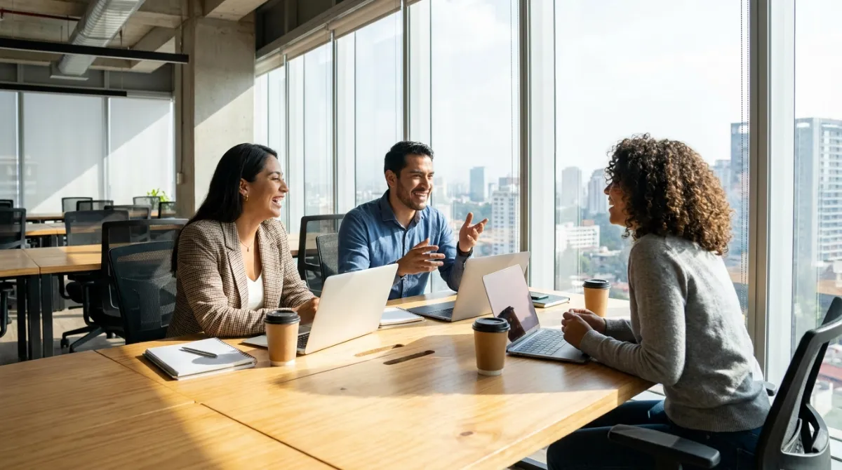 Latin American marketing team collaborating around a table in a bright office