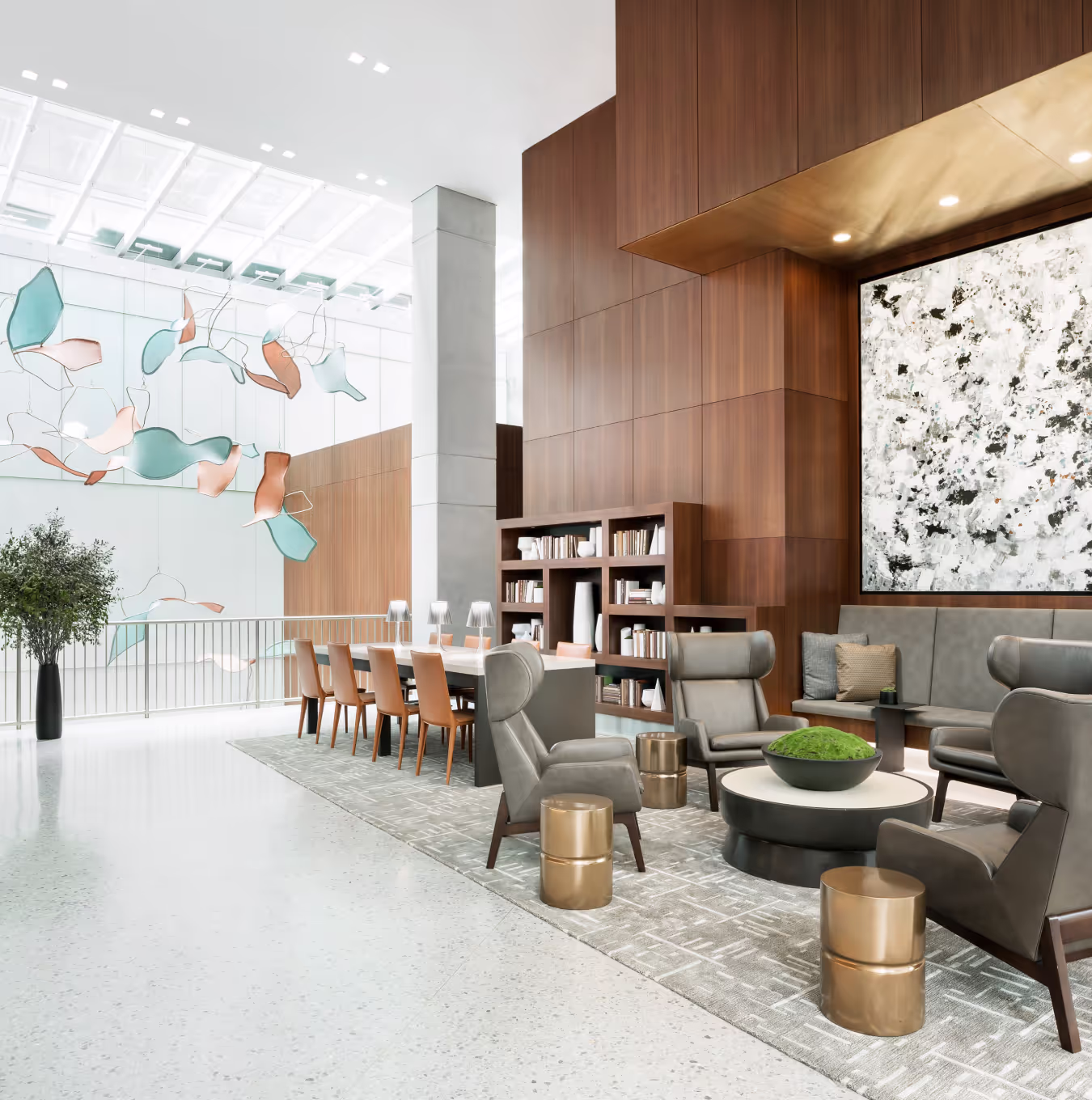 hanging sculpture in hotel lobby